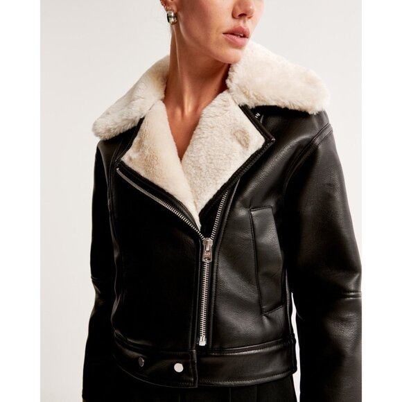 Abercrombie & Fitch Black Vegan Leather Jacket With White Faux Shearling Collar - Picture 4 of 13